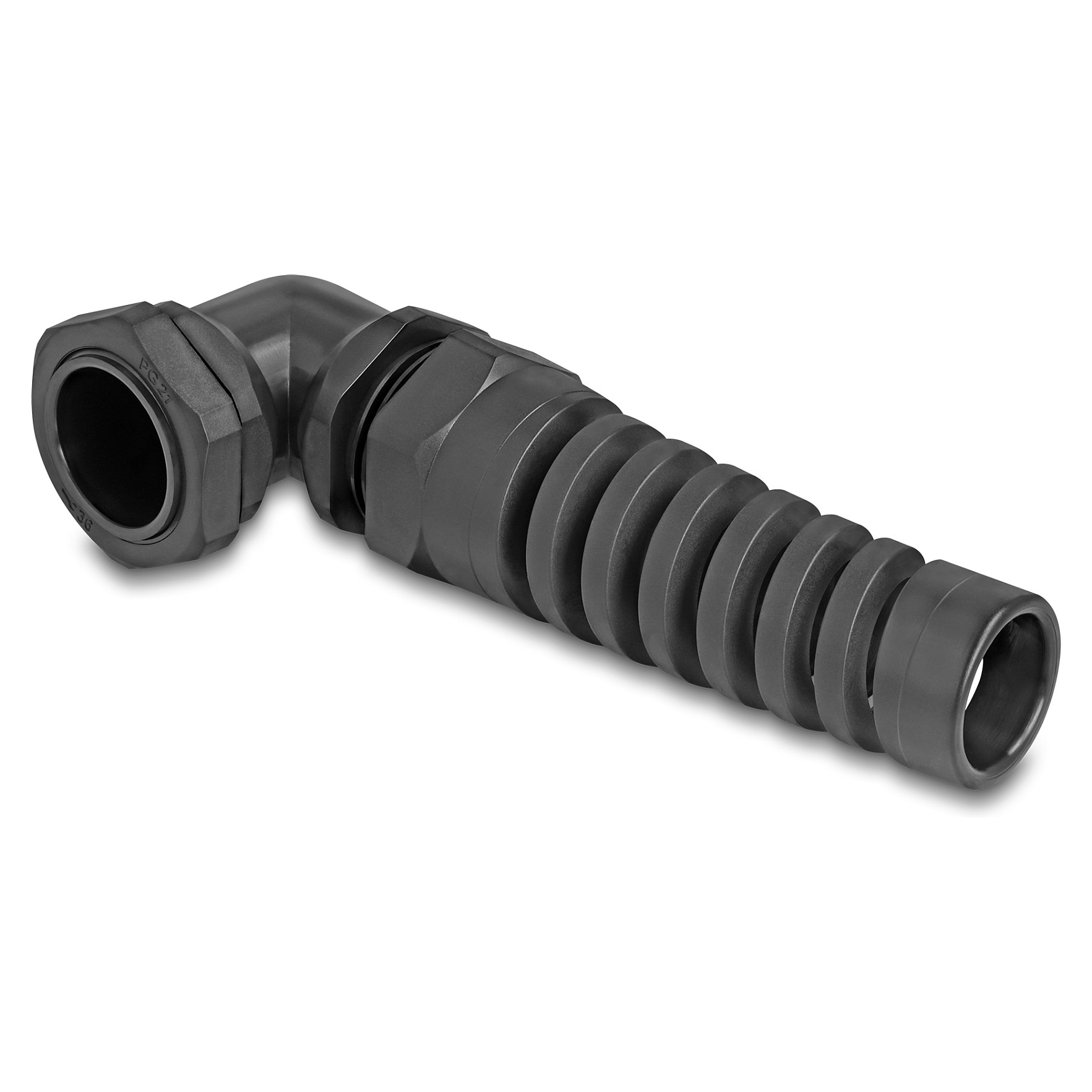 Uvodnica za kabel DELOCK PG21 90° kutna s rasterećenjem zatezanja (IP68, 13-18 mm) crna