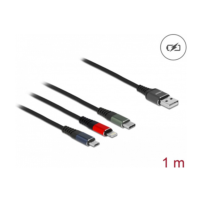 USB kabel za punjenje DELOCK 3-u-1 (USB-A na Lightning / Micro USB / USB-C, 1 m, višebojni)-1