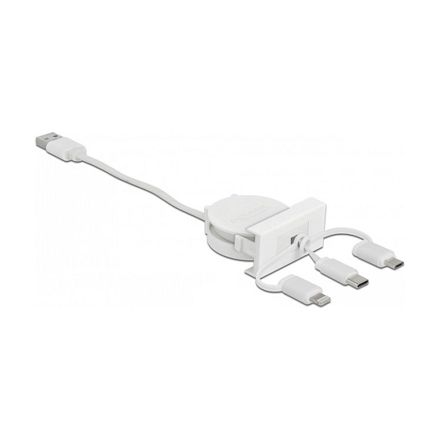 USB kabel DELOCK Easy 45 Modul 3-u-1 (USB-A na USB-C / Micro USB / Lightning, na izvlačenje, 1m) bijeli