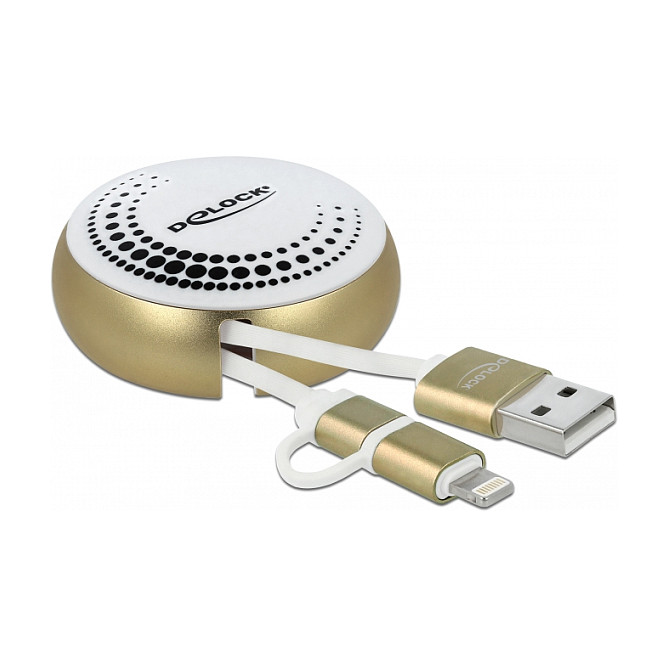 USB kabel DELOCK 2-u-1 na izvlačenje USB-A na Micro USB + Lightning (1 m, MFi certifikat) bijelo/zlatni
