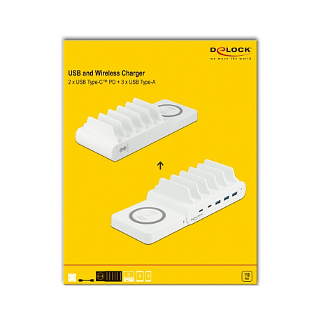 Stolni punjač DELOCK 41450 (110W, 2x USB-C PD, 3x USB-A QC 3.0, Bežično punjenje)-5