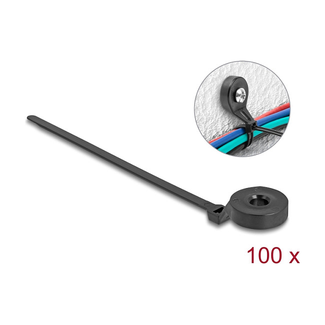 Vezice za kabele DELOCK 180x6mm s rupom za montažu (100 kom, crne)-0