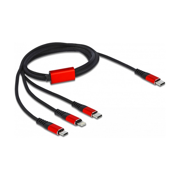 USB kabel za punjenje DELOCK 3-u-1 (USB-C na Lightning / Micro USB / USB-C) 1m, crno/crveni