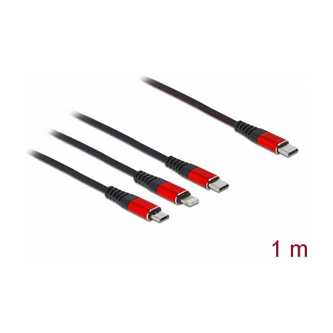 USB kabel za punjenje DELOCK 3-u-1 (USB-C na Lightning / Micro USB / USB-C) 1m, crno/crveni-1