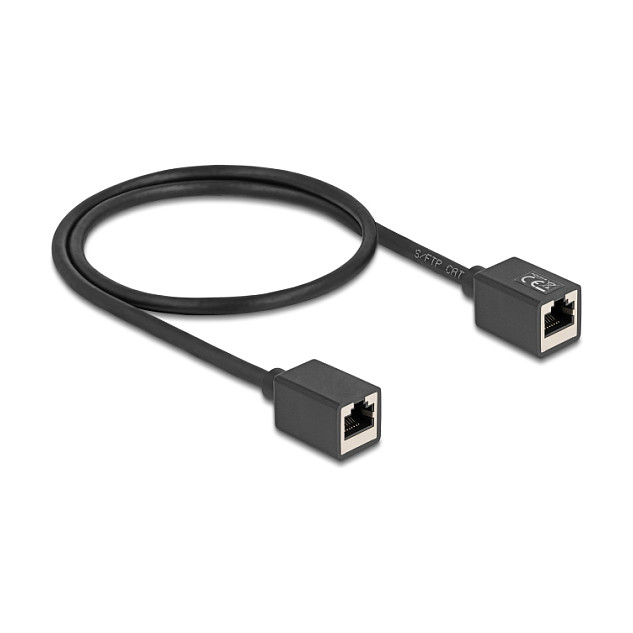 Mrežni produžni kabel DELOCK Cat.6A S/FTP (RJ45 M/Ž, 0.5m, panel-mount) crni