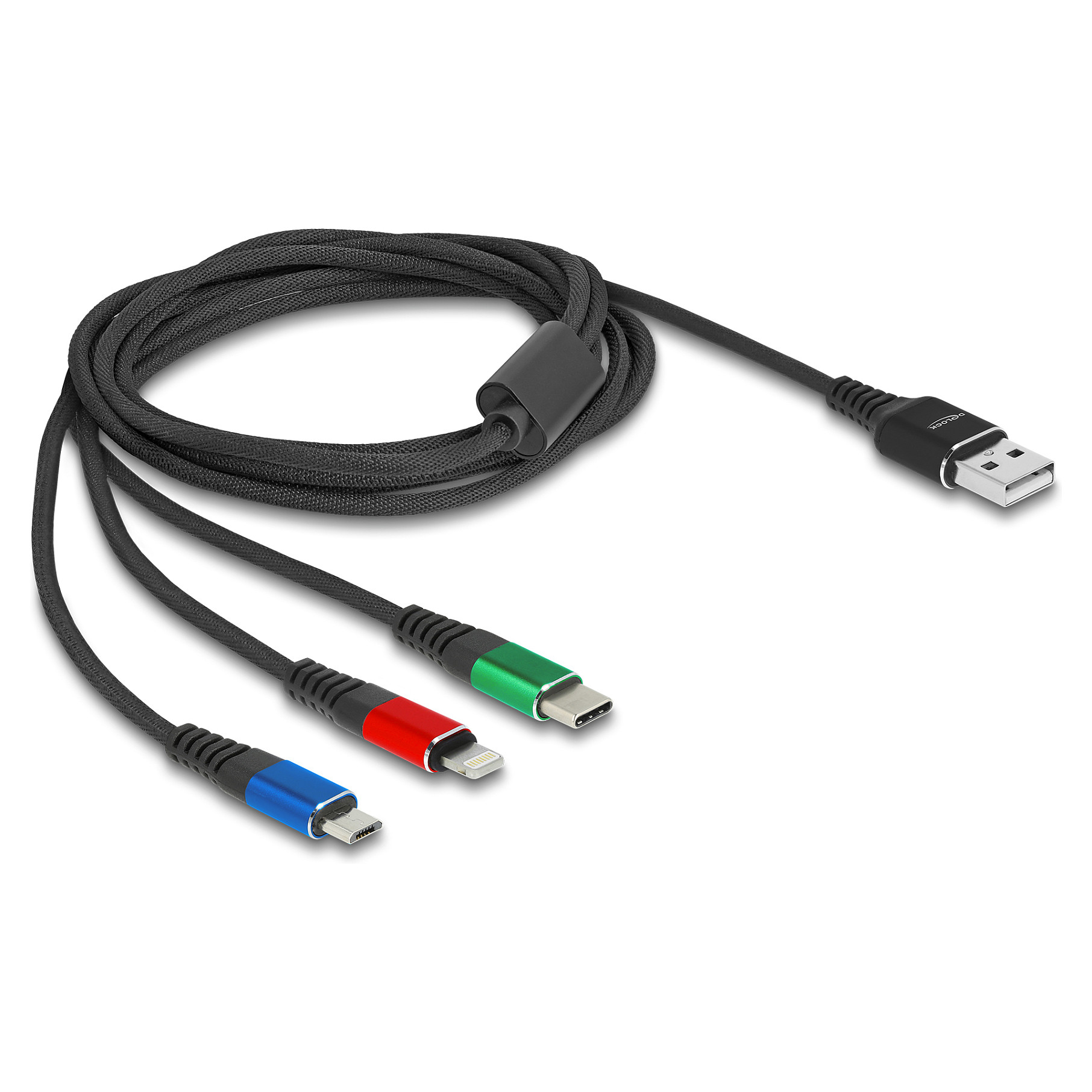 USB kabel za punjenje DELOCK 3-u-1 (USB-A na Lightning / Micro USB / USB-C, 2 m, 2.4A, 3-boje)-0