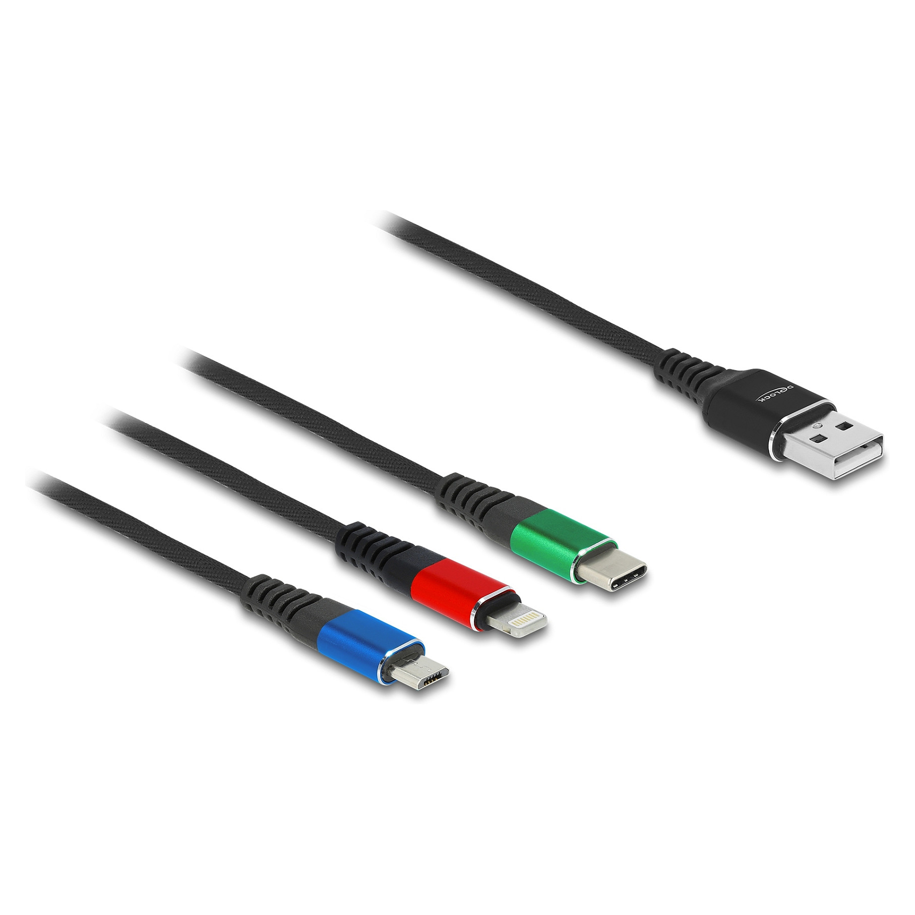 USB kabel za punjenje DELOCK 3-u-1 (USB-A na Lightning / Micro USB / USB-C, 2 m, 2.4A, 3-boje)-1