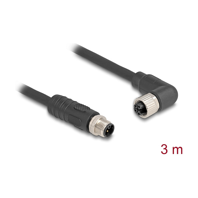 M12 Kabel DELOCK 80526 (L-kodirani, 4-pinski, muški ravni na ženski kutni, PUR, 3 m)-1