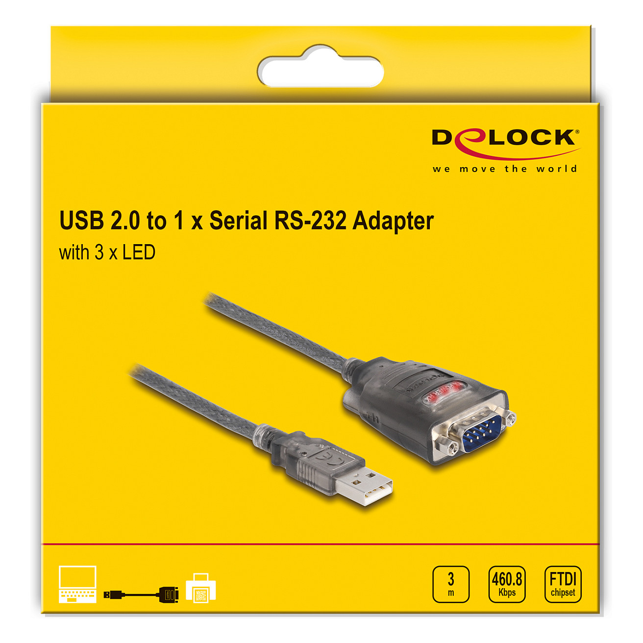 Adapter DELOCK USB 2.0 na Serijski RS-232 (DB9), 3m, FTDI čipset, 3x LED-2