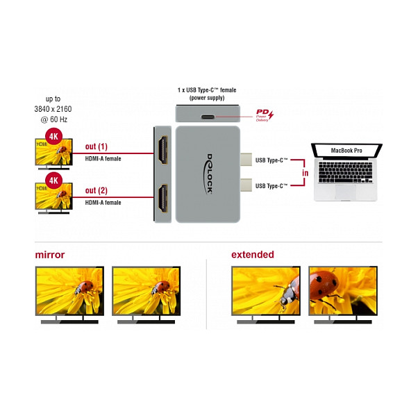 Adapter DELOCK USB-C na 2x HDMI (4K 60 Hz, Power Delivery 100W)-2