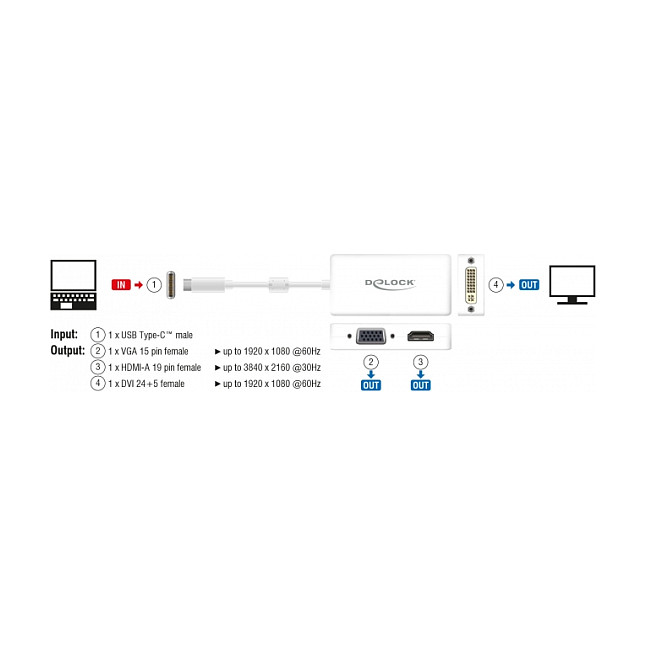 Adapter DELOCK USB-C na VGA / HDMI / DVI (4K 30Hz, bijeli)-1
