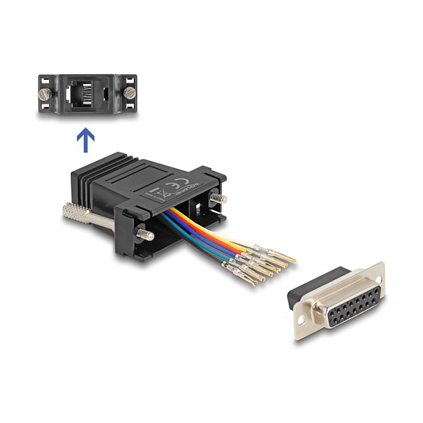 Adapter DELOCK D-Sub 15-pinski (ž) na RJ12 (ž) montažni set, crni (67087)