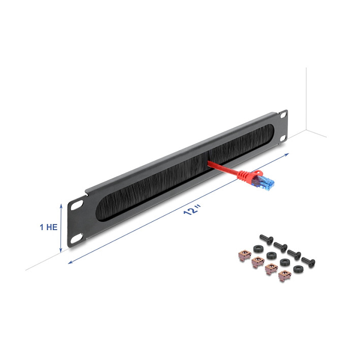 Panel s četkom za kabele DELOCK 12″ 1U (za mrežni ormar, metalni, tamno siva)-0
