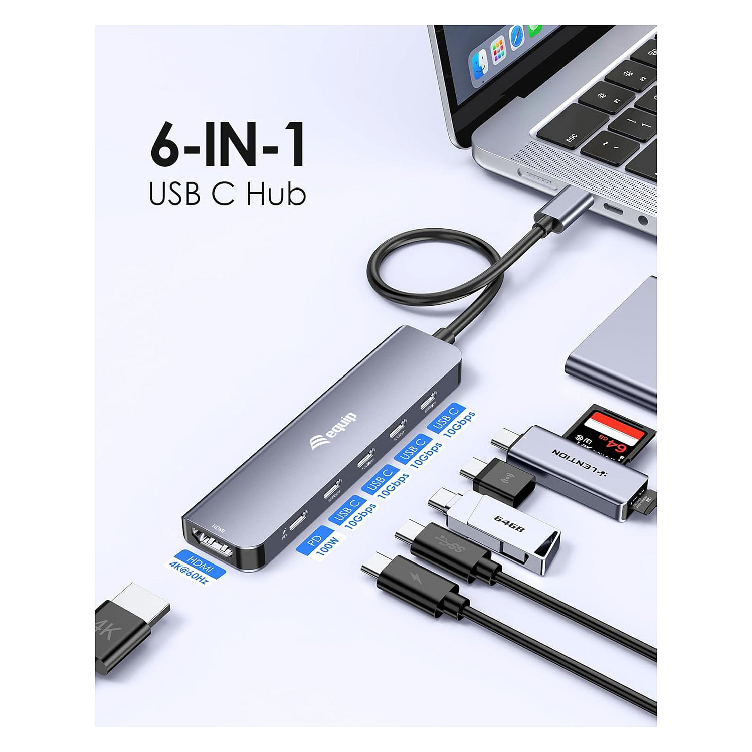 USB-C adapter EQUIP 133493 4-u-1 (HDMI 4K@60Hz, 2x USB-C, USB-C PD 100W)-4