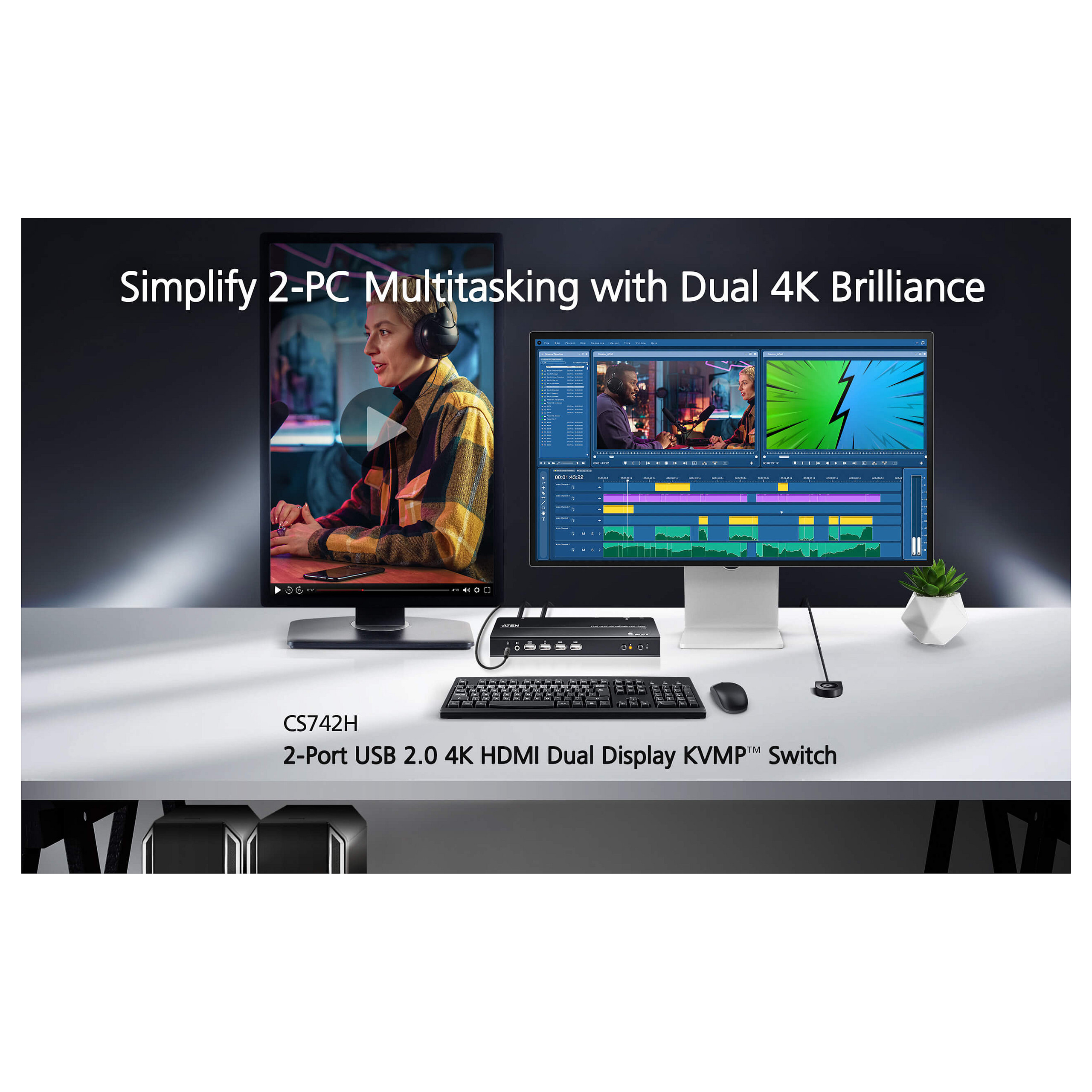 KVM Switch ATEN CS742H (2-portni, USB, 4K HDMI, Dual Display)-3