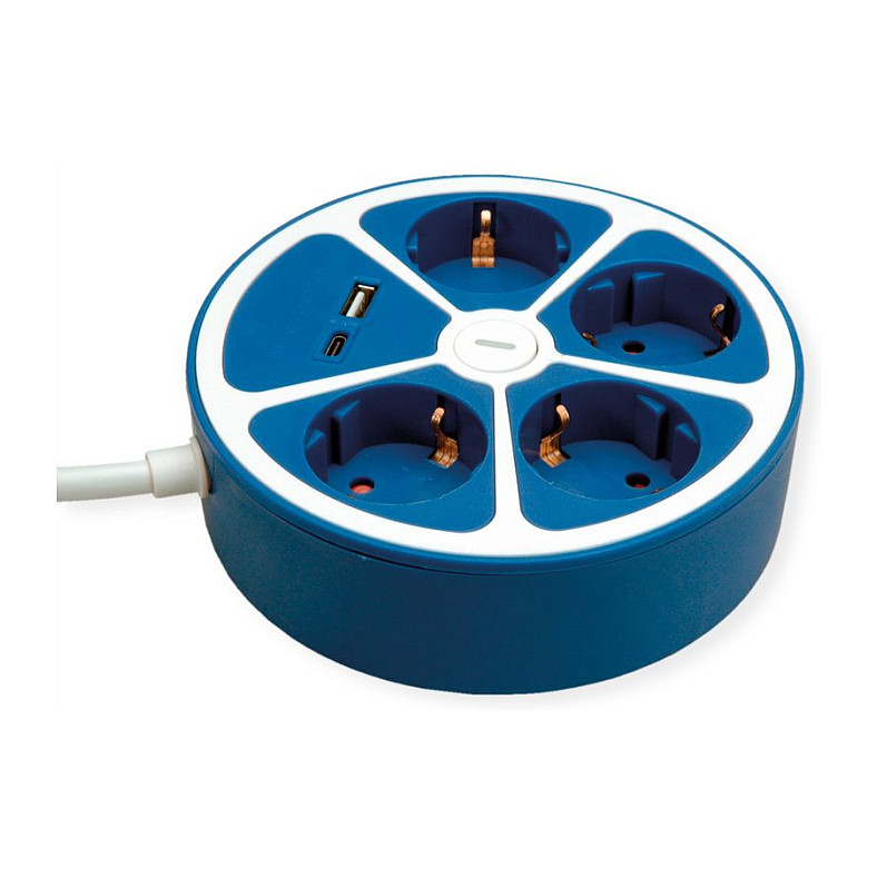 Letva s utičnicama ROLINE okrugla (4x Schuko, USB-A, USB-C PD 20W, 1.5m), plava-1