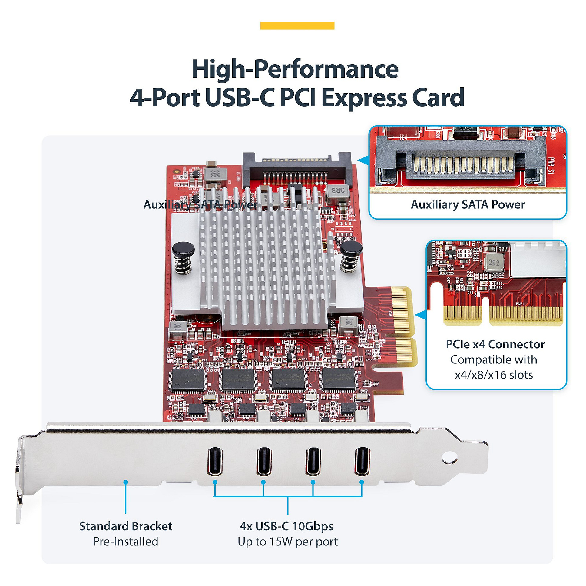 USB-C PCIe kartica STARTECH 4-Port (10Gbps, 4x kontrolera, PCIe 3.0 x4)-10