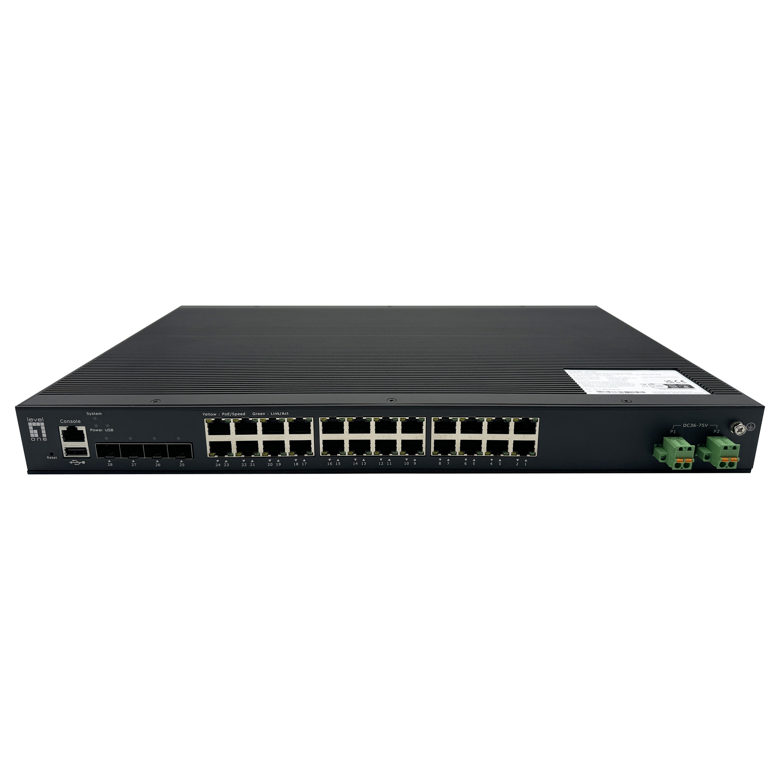 Mrežni Switch LEVELONE IGS-2804-370 (28-portni, 24x Gigabit PoE+, 4x SFP, 370W, L2 Managed, Industrijski)