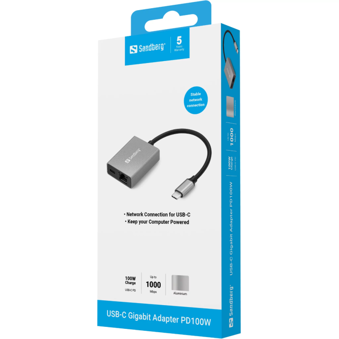 Mrežni adapter SANDBERG USB-C Gigabit PD100W (1000 Mbps, 100W Power Delivery)-4