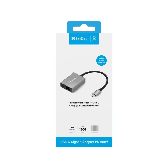 Mrežni adapter SANDBERG USB-C Gigabit PD100W (1000 Mbps, 100W Power Delivery)-3