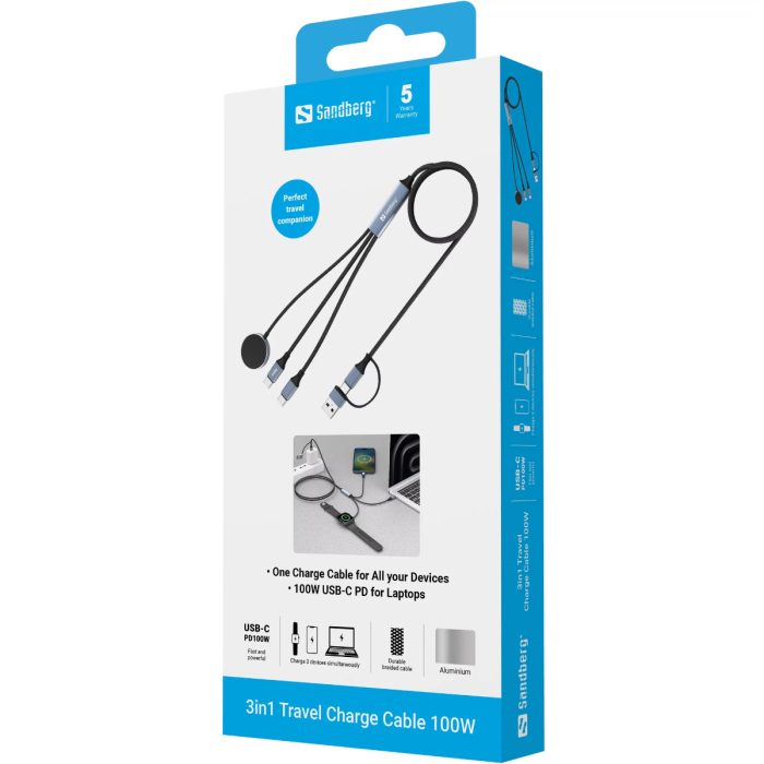 Putni kabel za punjenje 3u1 SANDBERG 3in1 Travel Charge Cable (100W, USB-C na USB-C + Apple Watch, 1.2m)-3