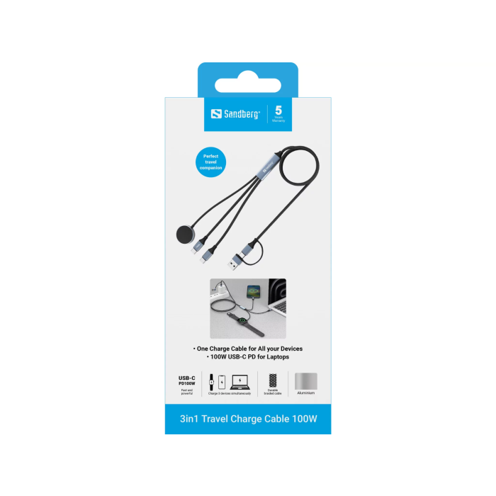Putni kabel za punjenje 3u1 SANDBERG 3in1 Travel Charge Cable (100W, USB-C na USB-C + Apple Watch, 1.2m)-2