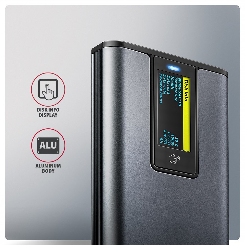 Vanjsko kućište za M.2 SSD AXAGON EEM2-SD2 (USB-C 3.2 Gen 2, NVMe & SATA, s ekranom)-2
