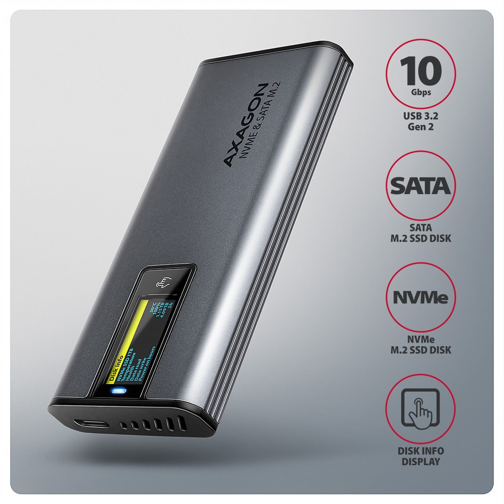 Vanjsko kućište za M.2 SSD AXAGON EEM2-SD2 (USB-C 3.2 Gen 2, NVMe & SATA, s ekranom)-1