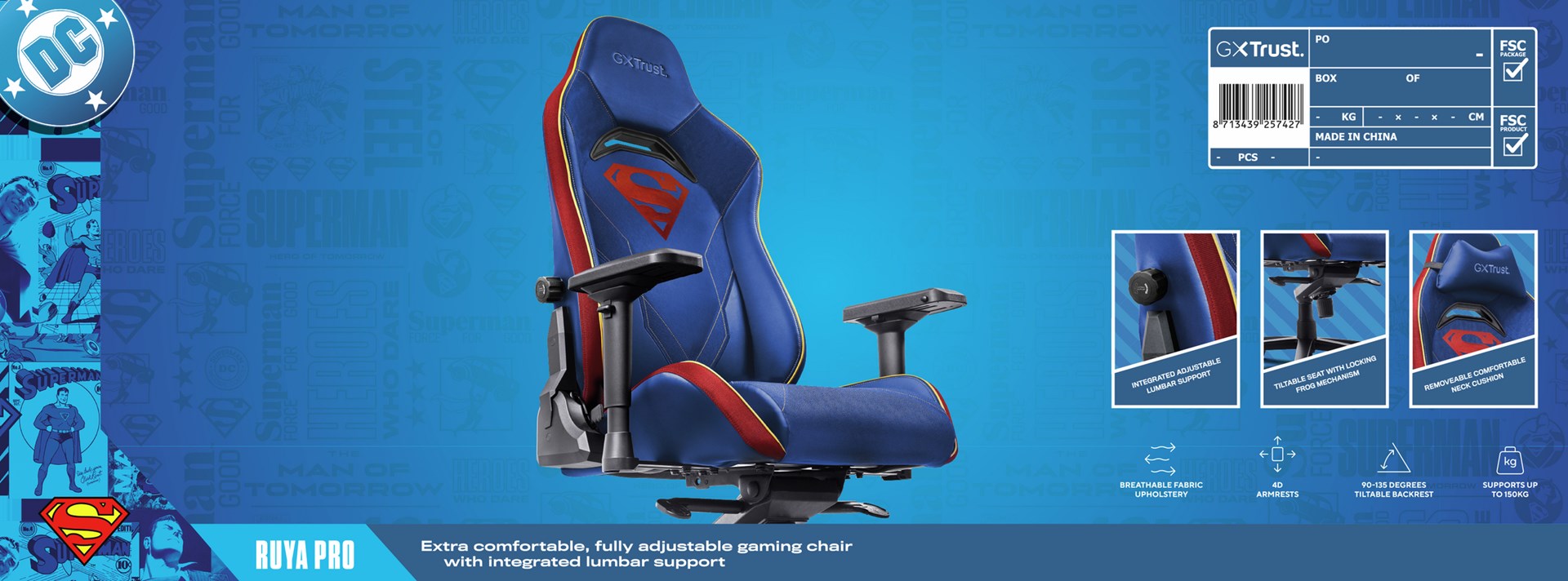 Gaming stolica TRUST GXT 721SM Ruya Pro (Plavo-crvena, nosivost 150 kg, 2D nasloni, jastuci)-4