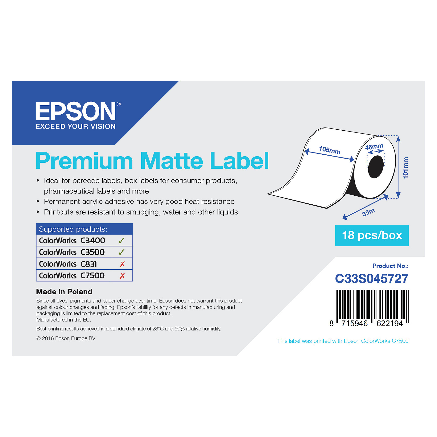 Rola s naljepnicama EPSON Premium Matte 105mm x 35m (C33S045417)-0