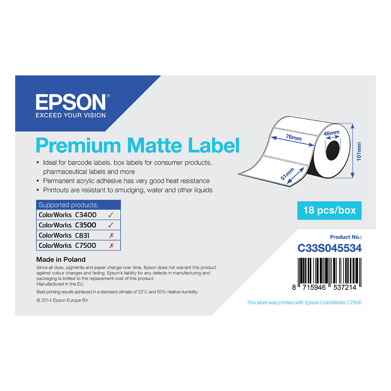 Etikete za printer EPSON C33S045389 Premium Matte (76 x 51 mm, 650 kom)-0