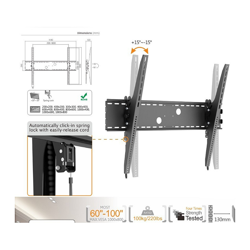 Zidni nosač za TV EQUIP 650314 za 60"-100" ekrane, do 100kg, nagibni i zakretni-10