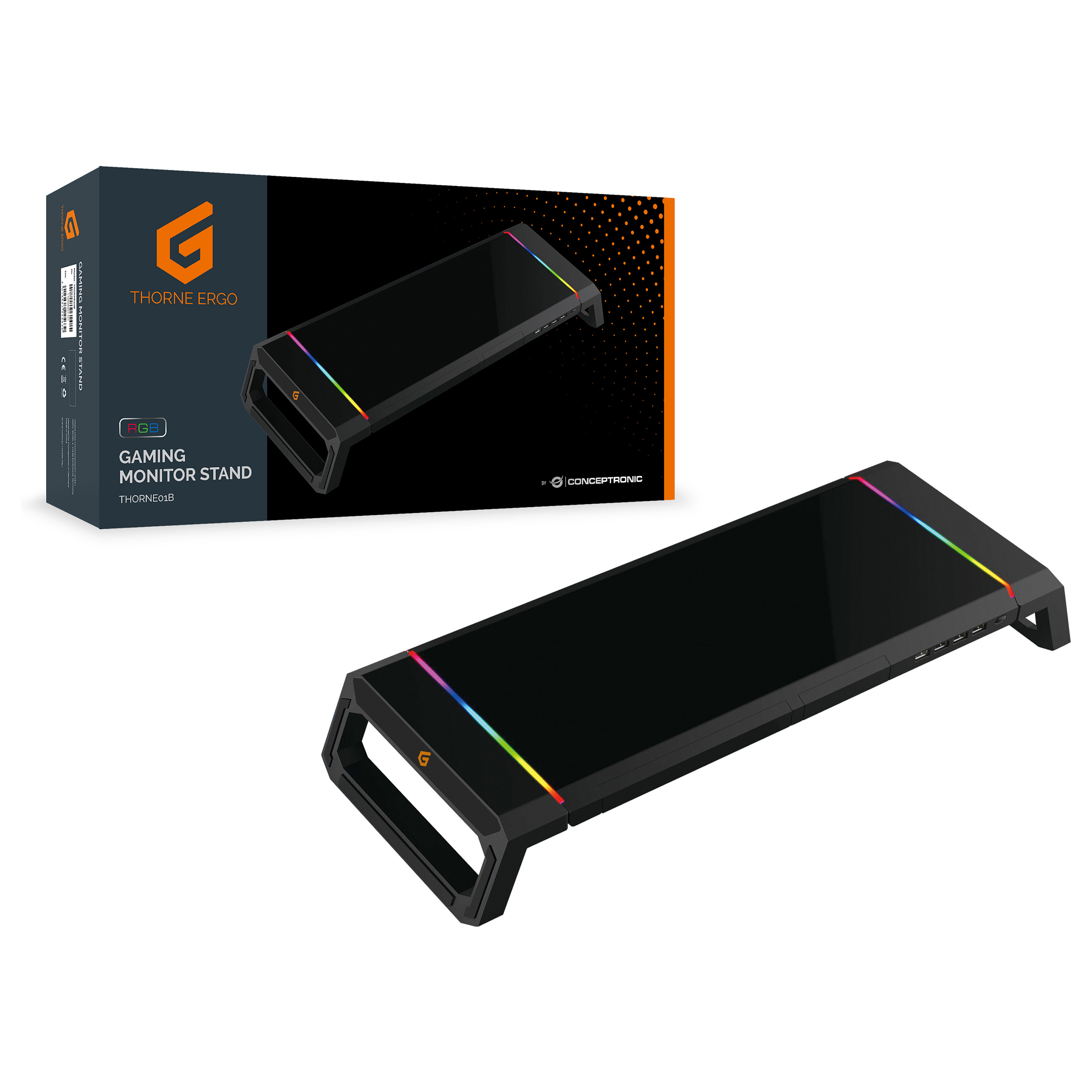 Stalak za monitor CONCEPTRONIC ERGOFFICE01B Gaming s RGB osvjetljenjem i 4-portnim USB hubom-2