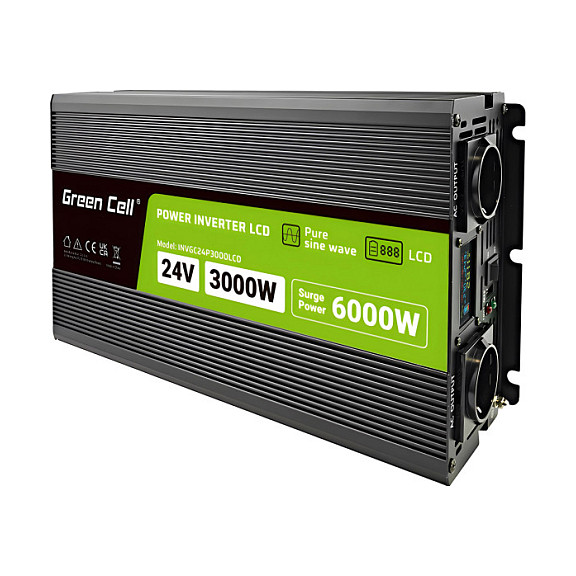 Pretvarač napona GREEN CELL 24V na 230V 3000W/6000W Čisti Sinus sa zaslonom