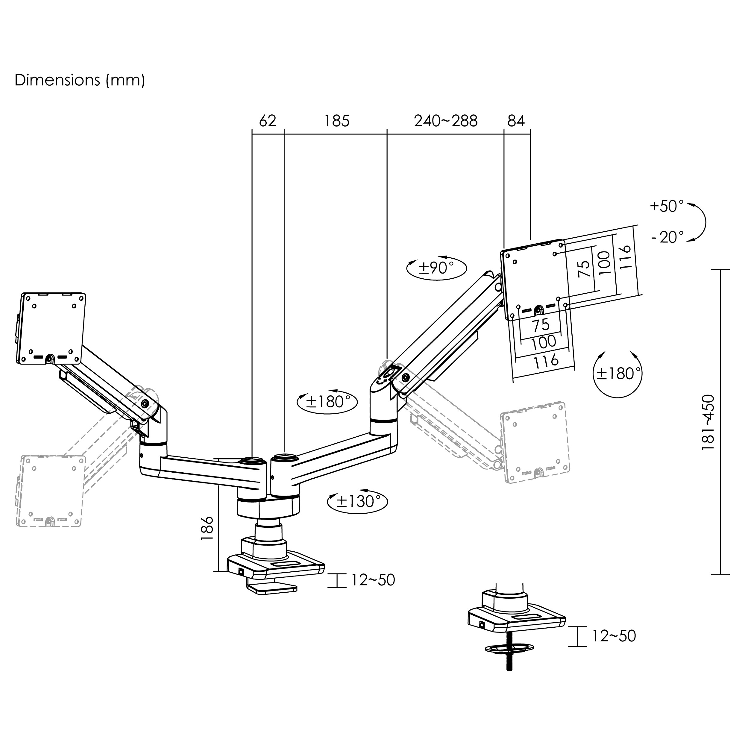 Stolni nosač za 2 monitora EQUIP 650618, Gas Spring, 17"-32"-5