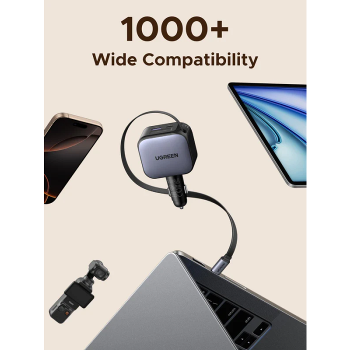 UGREEN 90W auto punjač s ugrađenim USB-C kabelom, 55909B-3