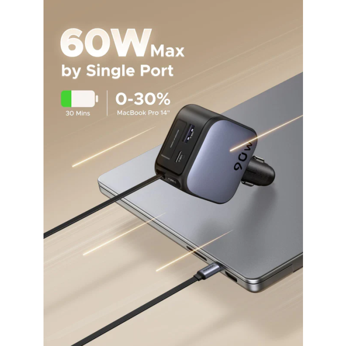 UGREEN 90W auto punjač s ugrađenim USB-C kabelom, 55909B-2