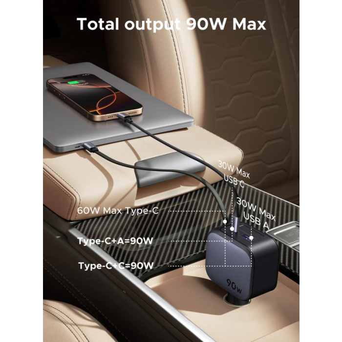 UGREEN 90W auto punjač s ugrađenim USB-C kabelom, 55909B-4