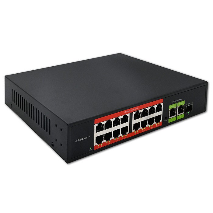 Mrežni Switch QOLTEC PoE 16-port 10/100 Mbps + 2x Gigabit Uplink + 1x SFP