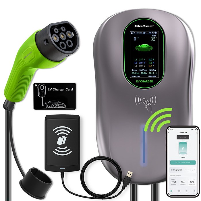 Stanica za punjenje električnih vozila QOLTEC Wallbox 22kW | Tip 2 | 3-fazna | 5m kabel | LCD | RFID