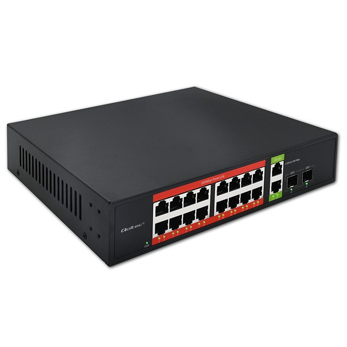 Mrežni switch QOLTEC 52292 | 16x PoE Gigabit RJ45 | 2x RJ45 Uplink | 2x SFP