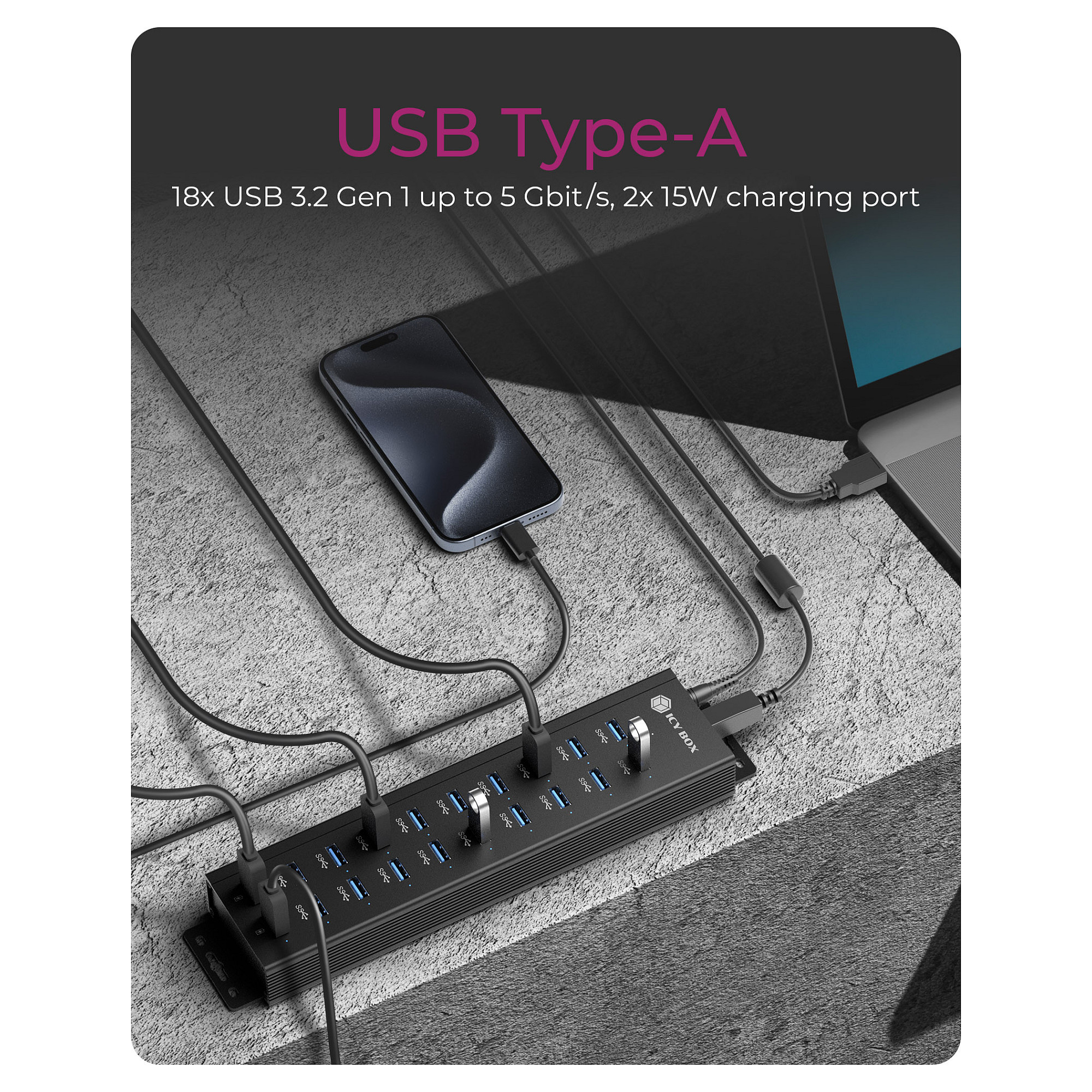 USB Hub ICY BOX IB-AC6118 20-portni (18x USB 3.0 + 2x USB-A punjenje)-3