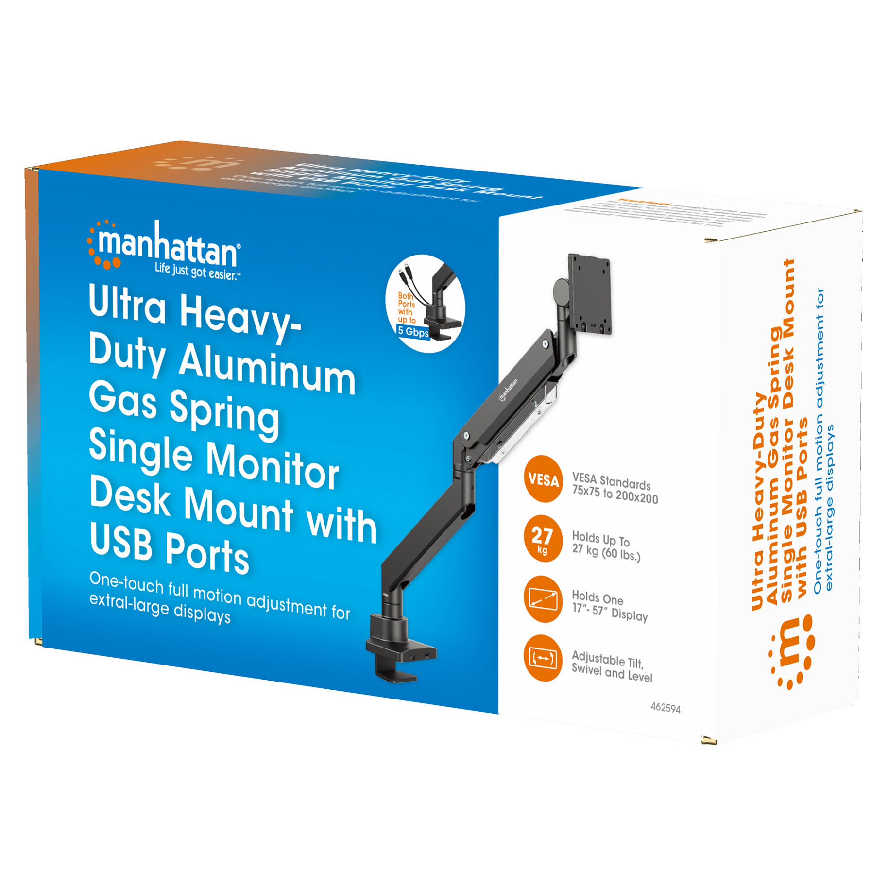 Stolni nosač za monitor MANHATTAN Ultra Heavy-Duty 462594, za 1 monitor 17"-57", do 27 kg, USB hub-6
