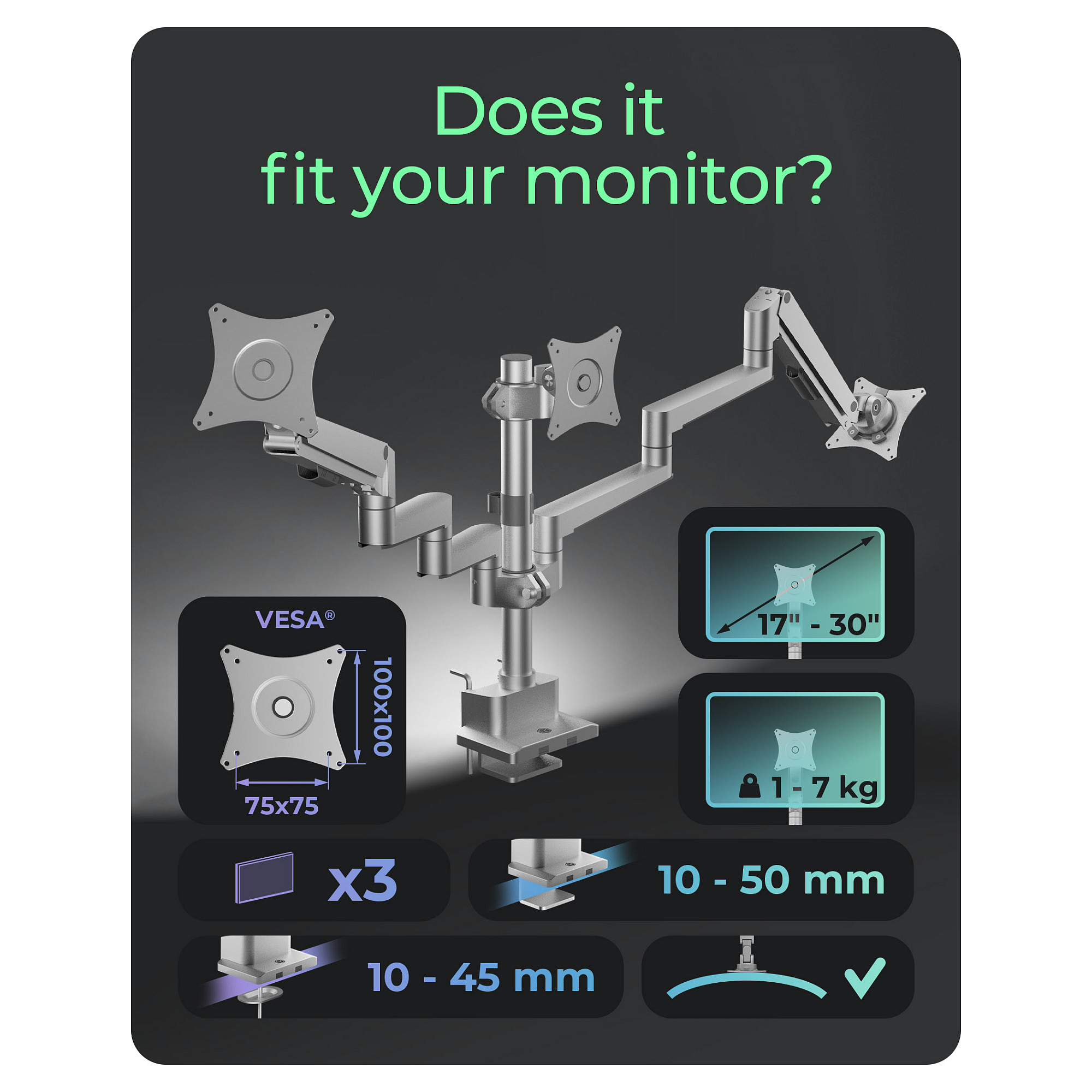 Stolni nosač za 3 monitora ICY BOX IB-MS525-T, do 30", VESA 100x100, sivi-5