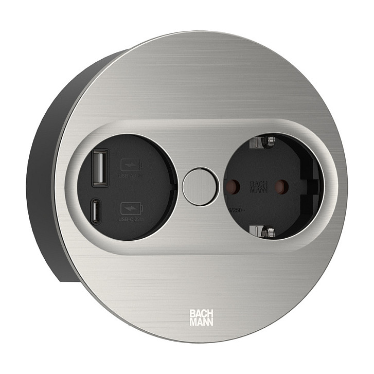 Ugradbena utičnica BACHMANN TWIST 2 (1x šuko, 1x USB A/C 22W), izgled nehrđajućeg čelika
