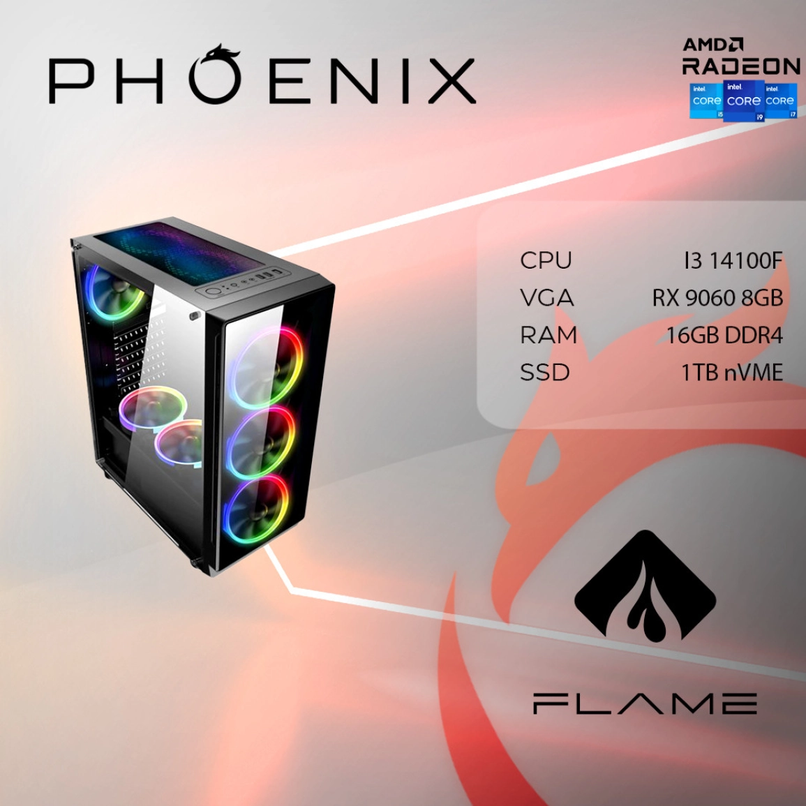 Računalo PHOENIX FLAME X-542 Intel i3 14100F, 16GB DDR4, NVME SSD 1TB, RX 9060 8GB, 600W-0