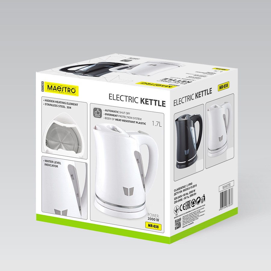 Kuhalo za vodu MAESTRO MR-038 (1.7 L, 2200 W), bijela boja-2