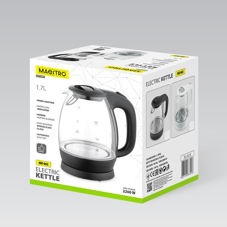 Kuhalo za vodu MAESTRO MR-063 (1.7 L, stakleno, crna boja)-1