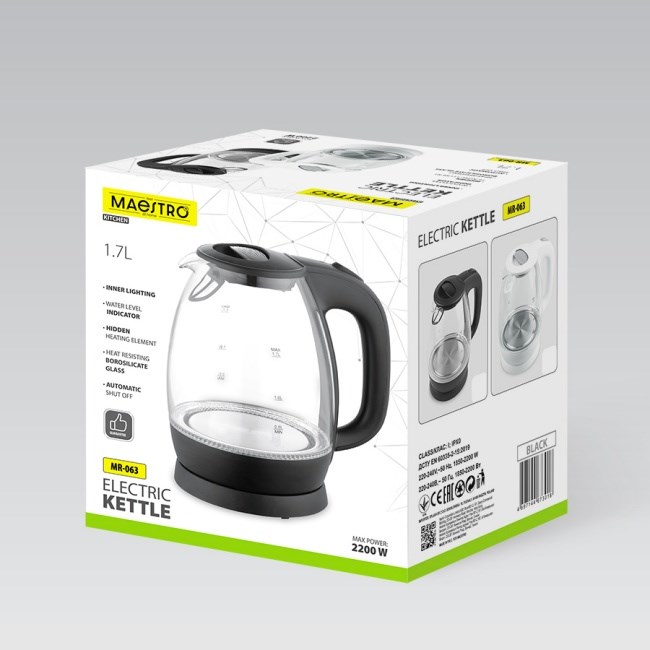 Stakleno kuhalo za vodu MAESTRO MR-063 (1.7 L, bijela boja)-1