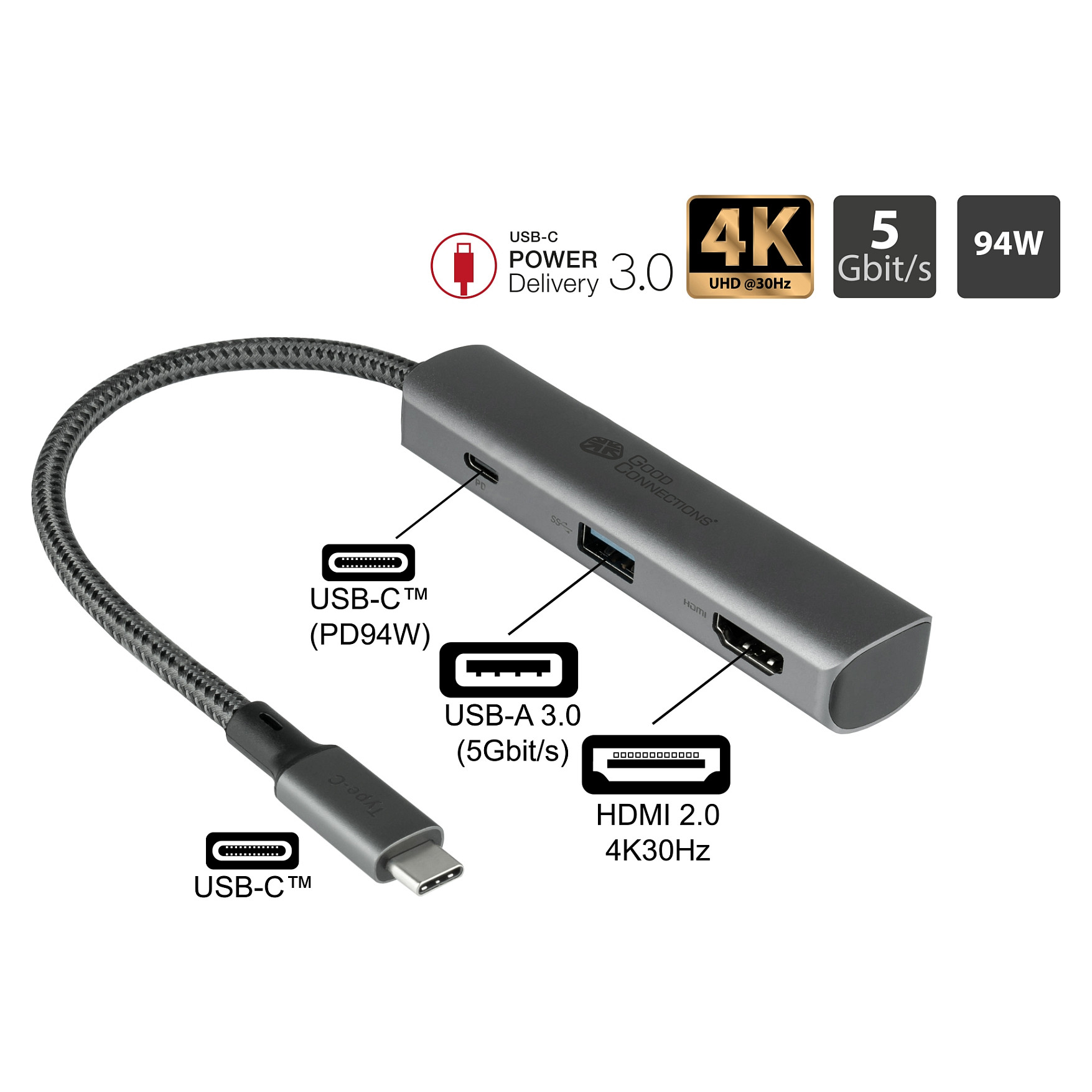 USB-C Hub GOOD CONNECTIONS HUB-C002A 3-u-1 (HDMI, USB-C PD, USB 3.0) antracit siva boja-1